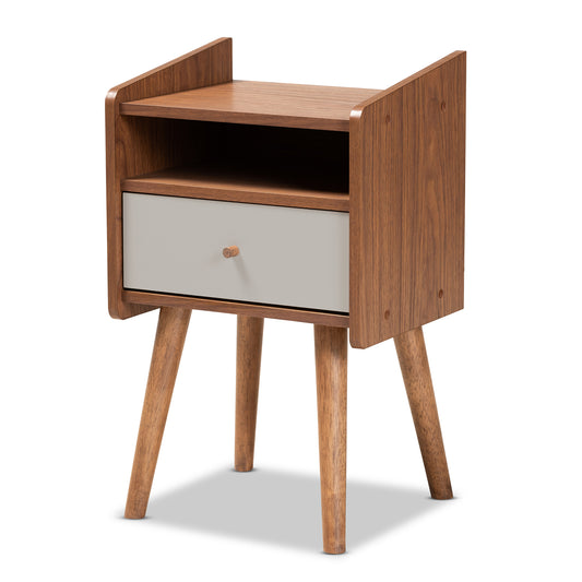 Elario Nightstand Mid-Century Modern 1-Drawer Design in Two-Tone Grey and Walnut Finished Wood