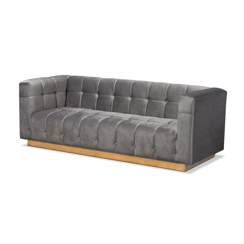 Loreto Sofa Glam and Luxe Grey Velvet Fabric Upholstered Brushed Gold Finished