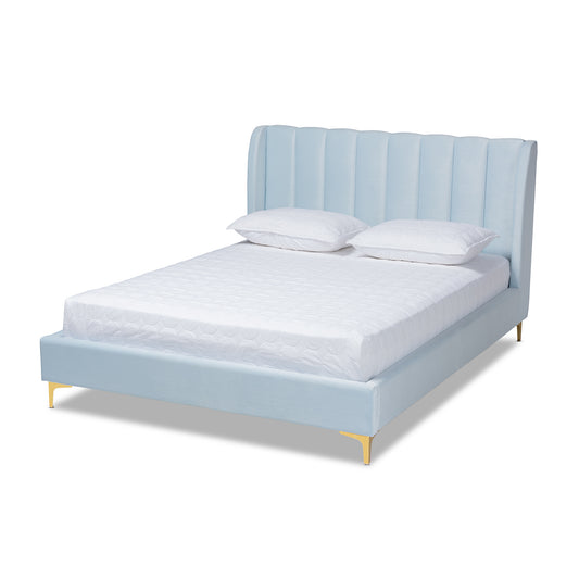 Saverio Platform Bed - Glam and Luxe Light Blue Velvet Fabric with Gold-Tone Legs