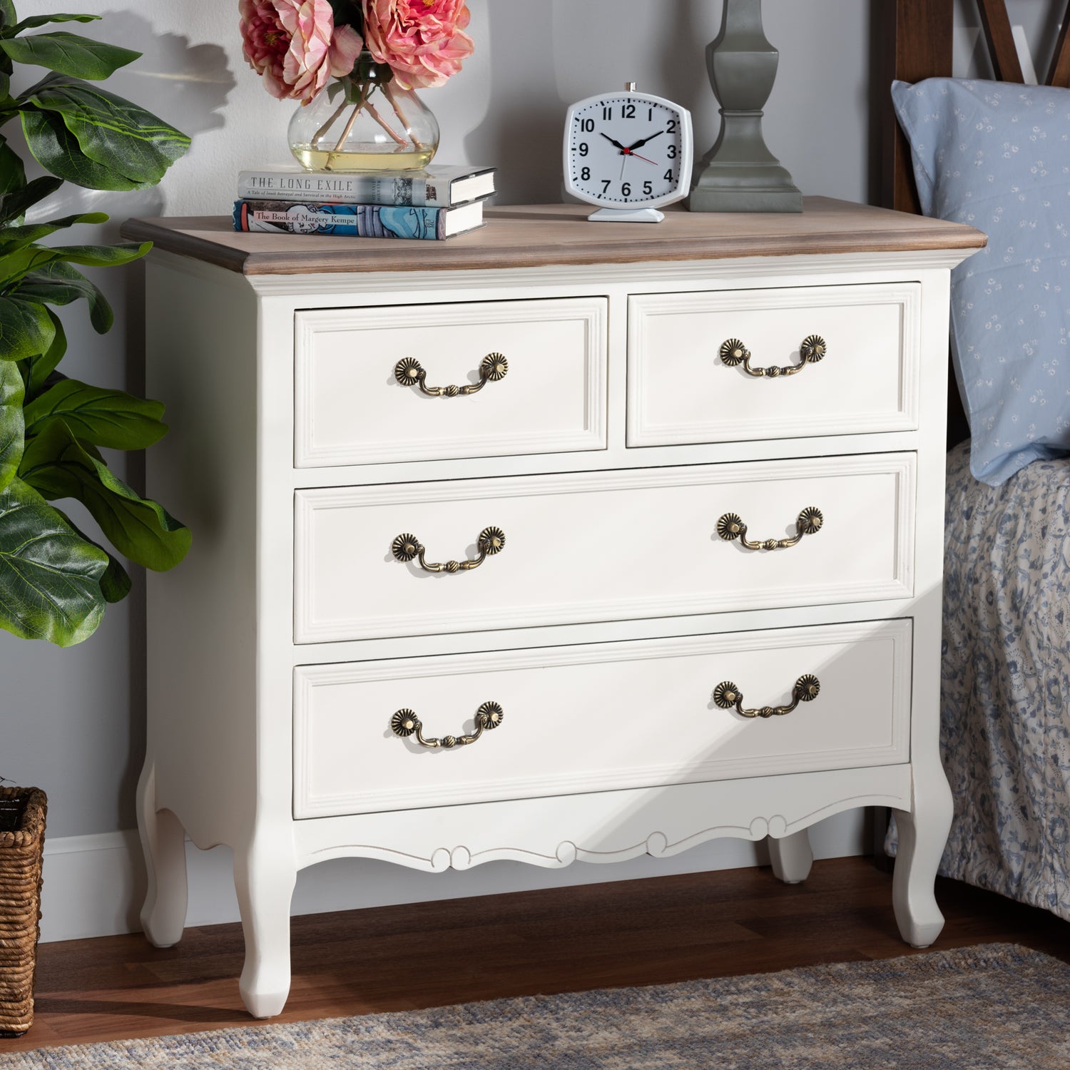 Amalie Accent Storage Cabinet Antique French Country Cottage Style Two-Tone White and Oak Finish with 4 Drawers for Stylish Organization