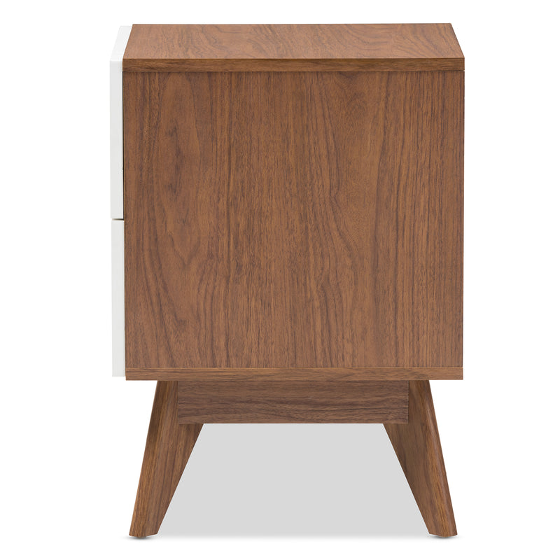 Calypso Mid-Century Modern Nightstand with 3 Drawers in White and Walnut for Stylish Bedroom Storage