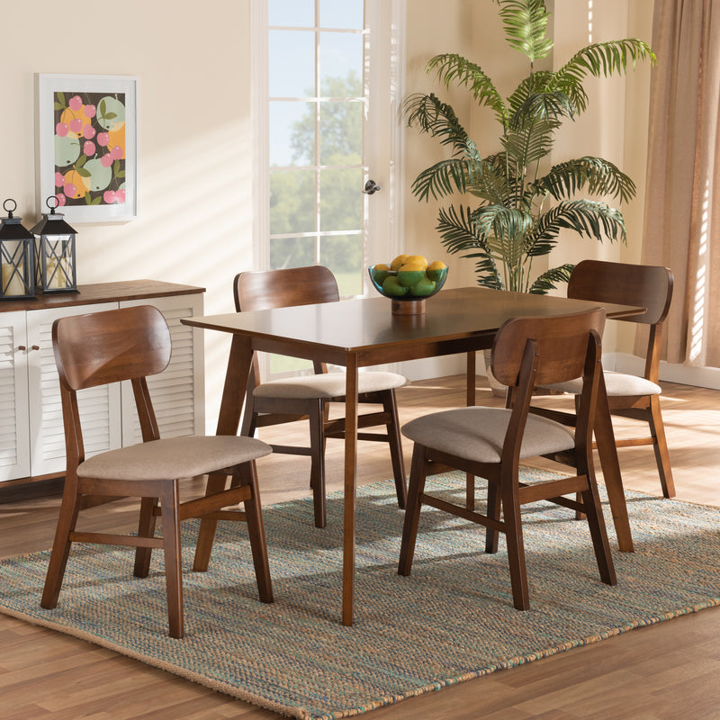 Euclid Dining Set Mid-Century Modern Grey Fabric Upholstered Walnut Brown Finished Wood 5-Piece