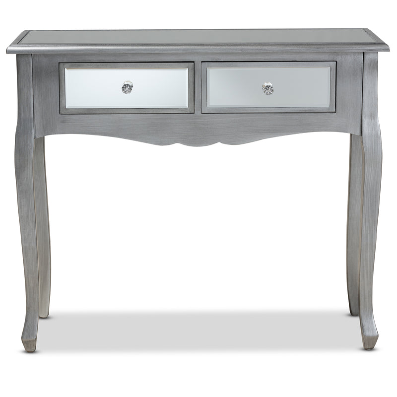 Leonie Console Table Modern Transitional Design with Brushed Silver Wood and Mirrored Glass Featuring 2 Drawers for Stylish Storage