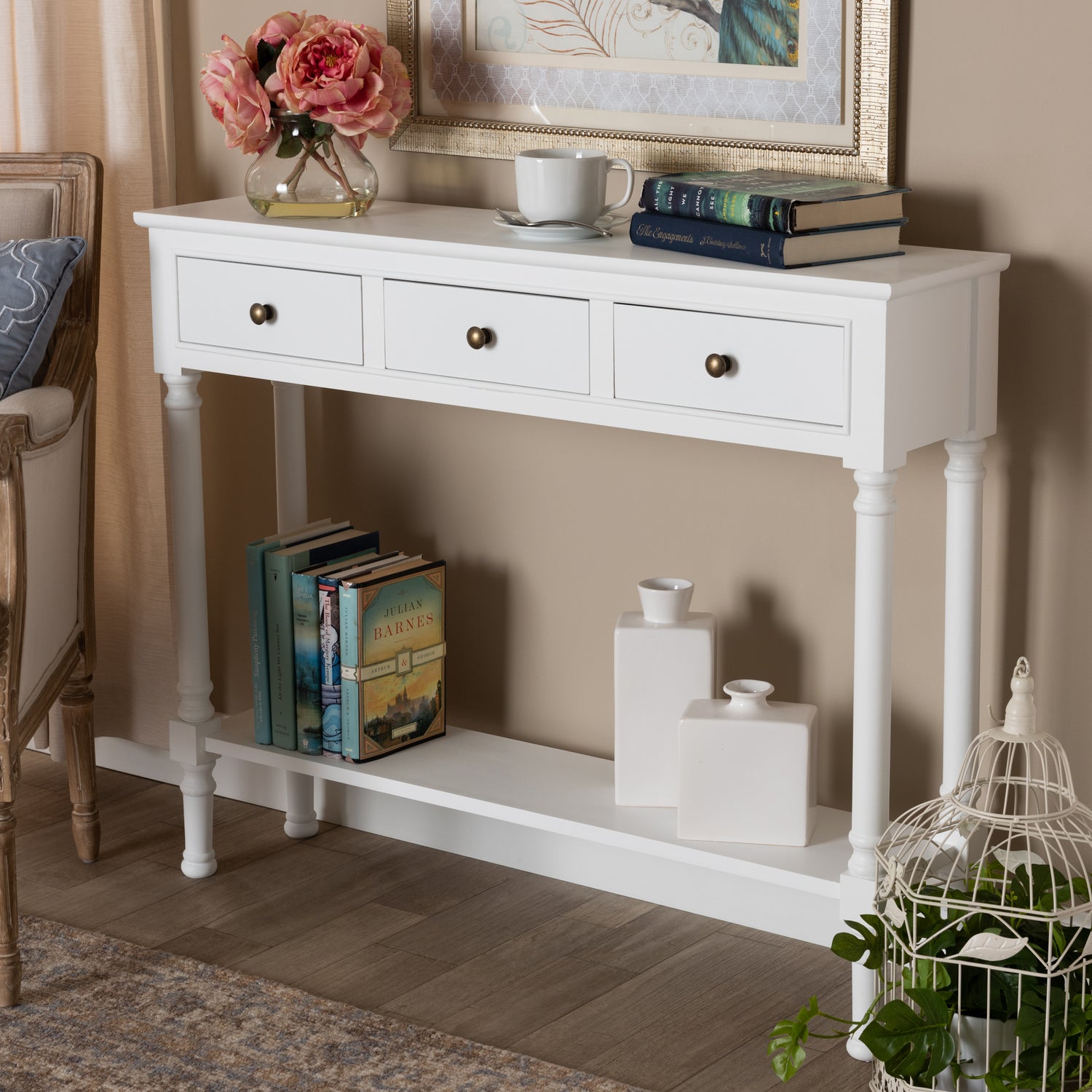 Calvin Console Table Classic and Traditional French Farmhouse White Finished Wood 3-Drawer Entryway