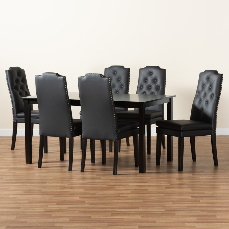 Dylin Dining Set Modern and Contemporary Black Faux Leather Upholstered and Dark Brown Finished Wood 7-Piece