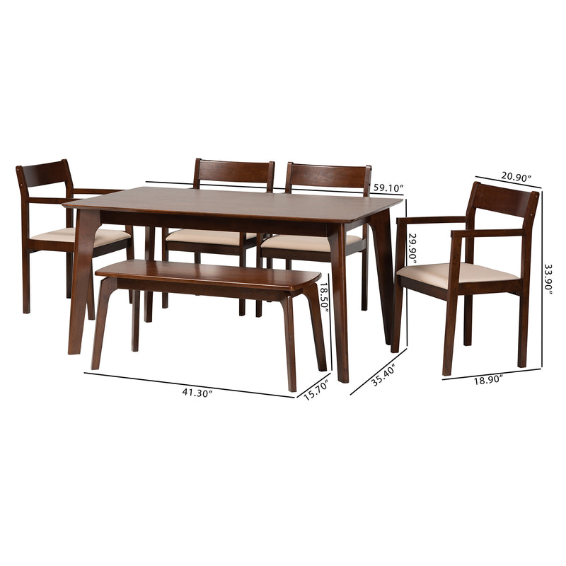 Helene Dining Set Mid-Century Modern 6-Piece Cream Fabric and Dark Brown Wood Collection for Stylish Dining Rooms