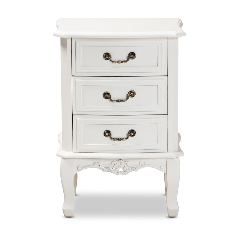 Gabrielle End Table Traditional French Country Design with White Finish and 3 Drawers