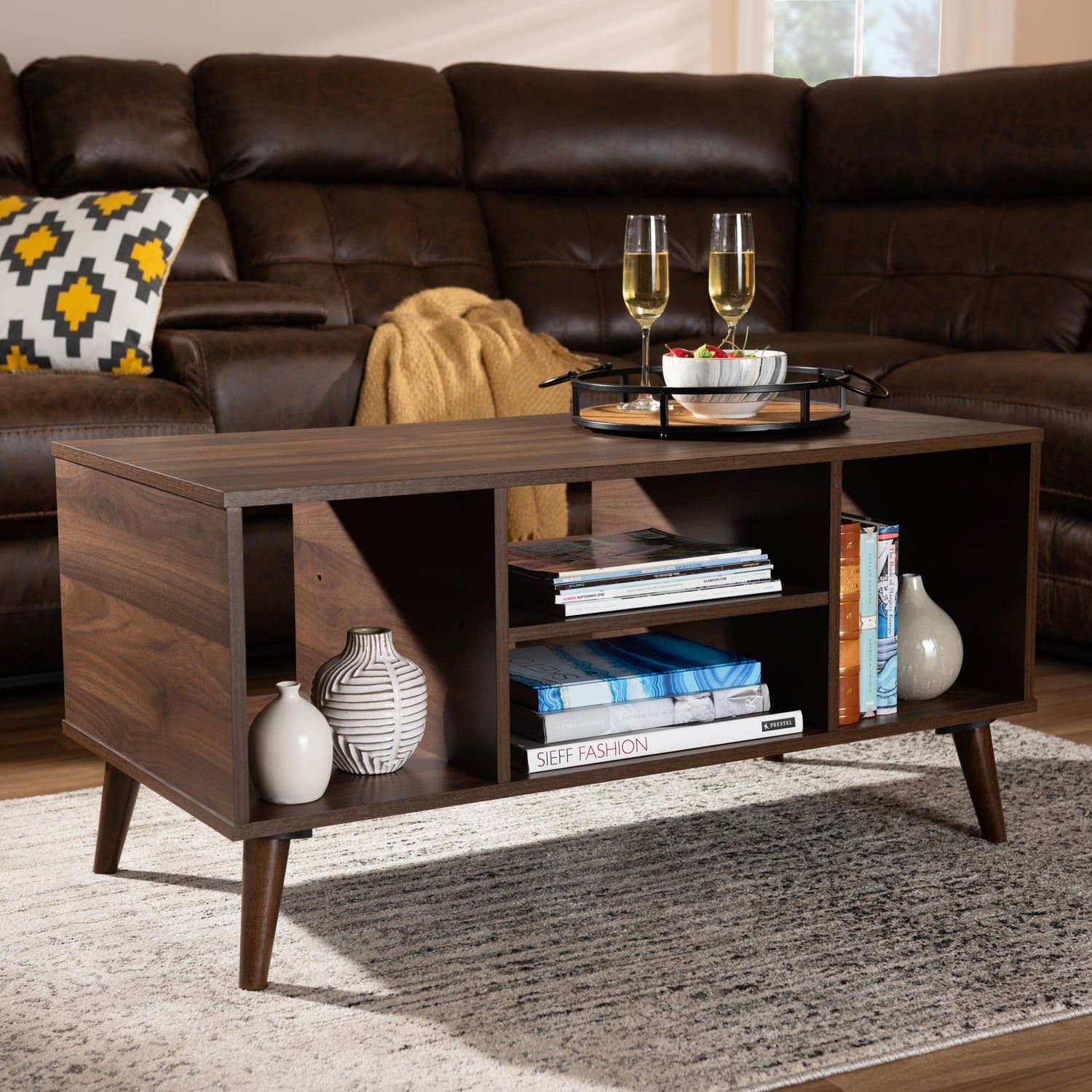 Linas Mid-Century Modern Coffee Table with Walnut Finish for Stylish Living Room Decor