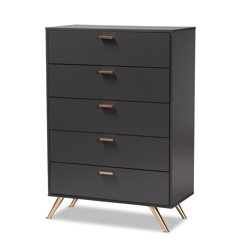 Kelson 5-Drawer Chest in Modern Dark Grey and Gold Finished Wood, Stylish Storage for Bedroom or Living Room