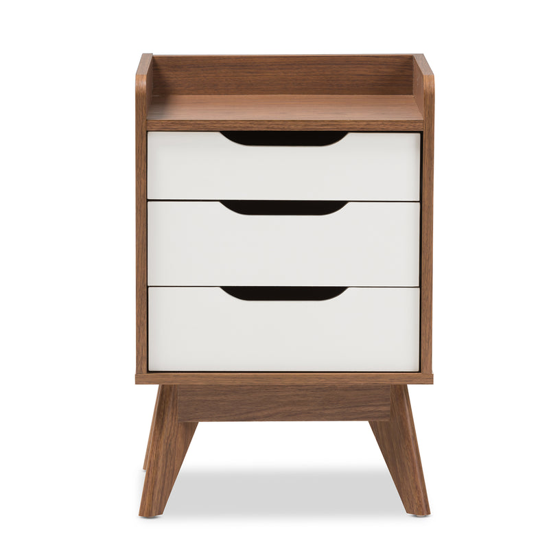 Brighton Nightstand - Mid-Century Modern 3-Drawer Storage in White and Walnut