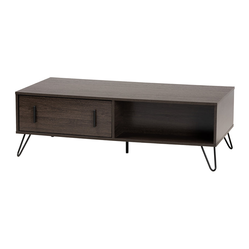 Baldor Coffee Table - Modern Design with Dark Brown Wood and Black Metal, Featuring 2 Storage Drawers