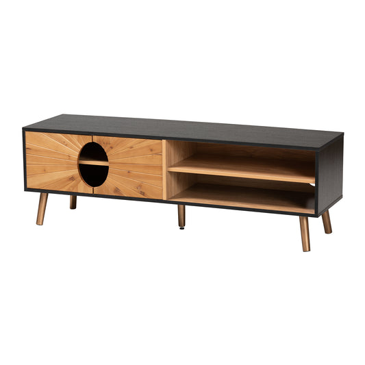 Chester TV Stand Modern Two-Tone Dark and Natural Brown Finished Wood Entertainment Center for Living Room