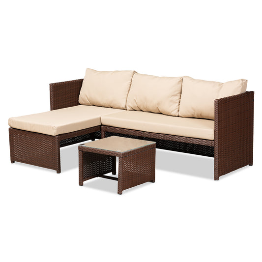 Carlton Outdoor Patio Lounge Set - Modern 3-Piece Design with Sand Fabric Upholstery and Brown Woven PE Rattan