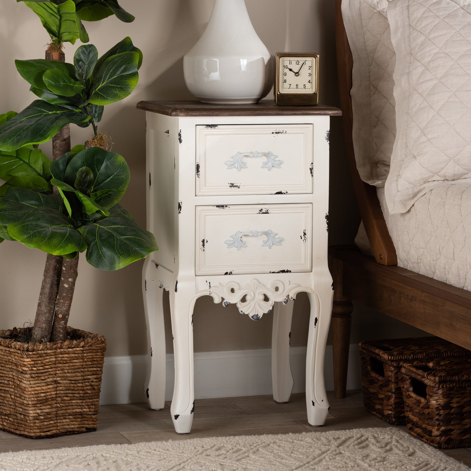 Levron End Table Classic Two-Tone Walnut Brown and Antique White Wood with 2 Drawers for Living Room or Bedroom Storage