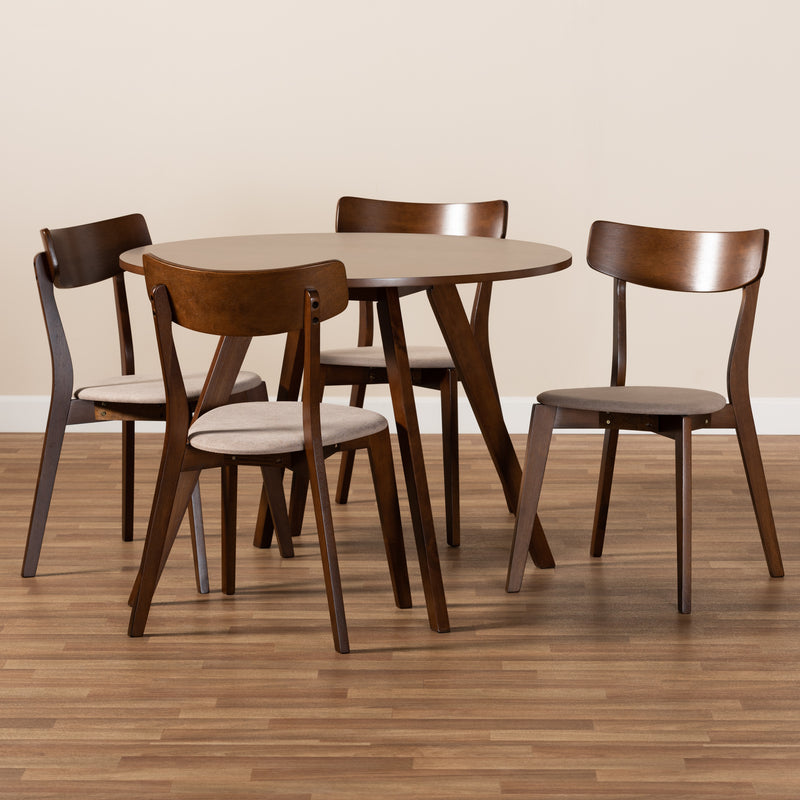 Rika Dining Set Mid-Century Modern Transitional Light Beige Fabric Upholstered Walnut Brown Finished Wood 5-Piece