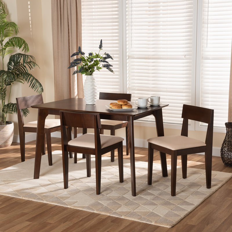 Camilla Dining Set Mid-Century Modern 5-Piece Cream Fabric and Dark Brown Wood Furniture for Stylish Dining Rooms