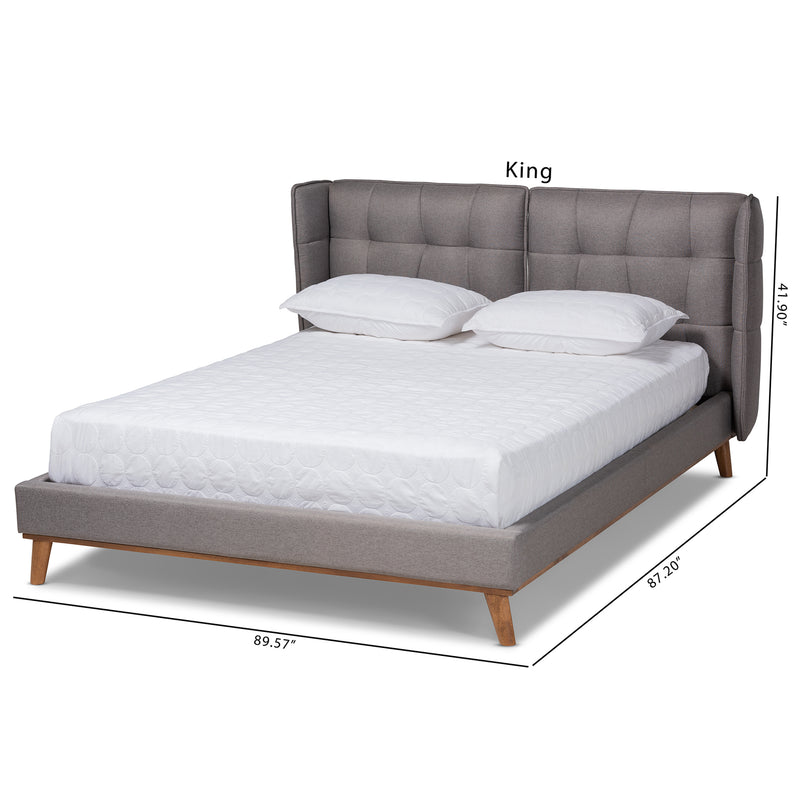 Gretchen Platform Bed - Modern and Contemporary Grey Fabric Upholstered with Walnut Brown Finished Wood