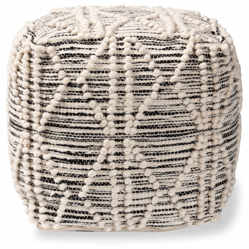 Sentir Pouf Ottoman Modern Moroccan Inspired Handwoven Wool Blend in Ivory and Black