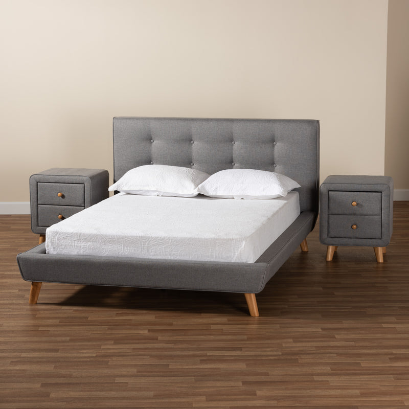 Jonesy Full Size 3-Piece Bedroom Set Mid-Century Modern Grey Fabric Upholstered Furniture for Stylish Bedrooms