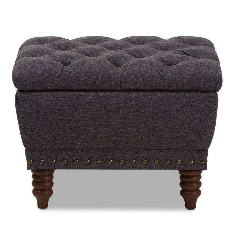 Annabelle Ottoman Modern and Contemporary Dark Grey Fabric Upholstered Walnut Wood Finished Button-Tufted Storage