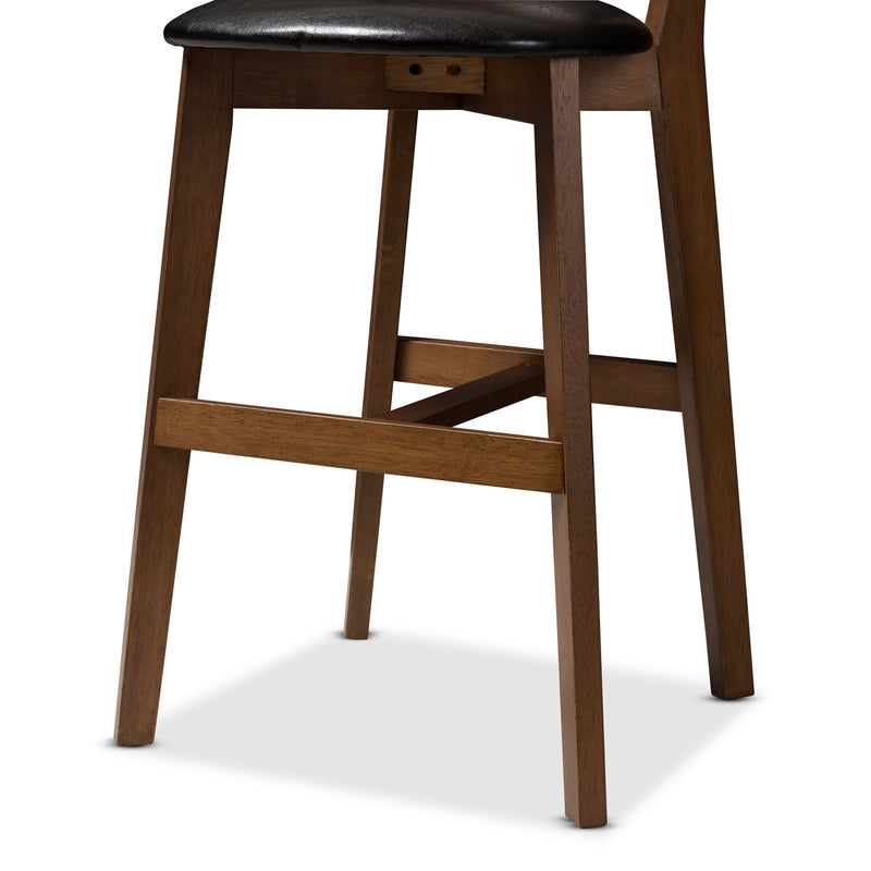 Eline Counter Stool Set of 2 Mid-Century Modern Black Faux Leather with Walnut Finish