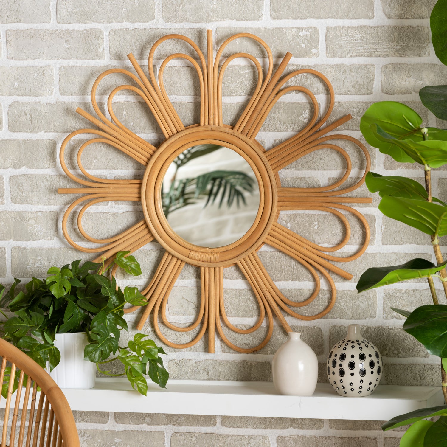 Sakura Rattan Accent Wall Mirror Modern Bohemian Design Natural Brown Finish