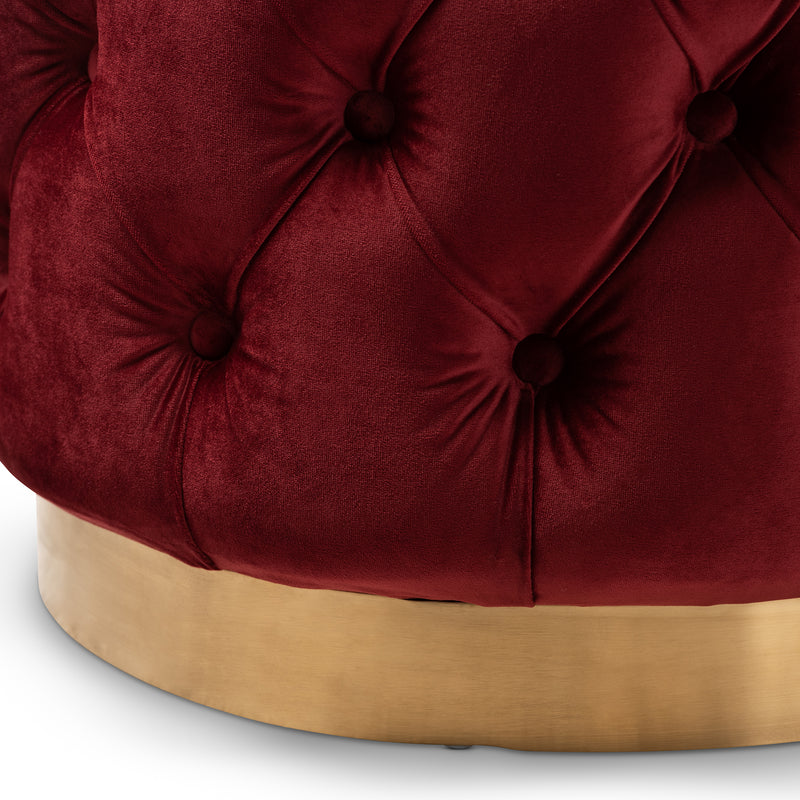 Valeria Ottoman Burgundy Red Velvet Fabric Upholstered Gold-Finished Button Tufted