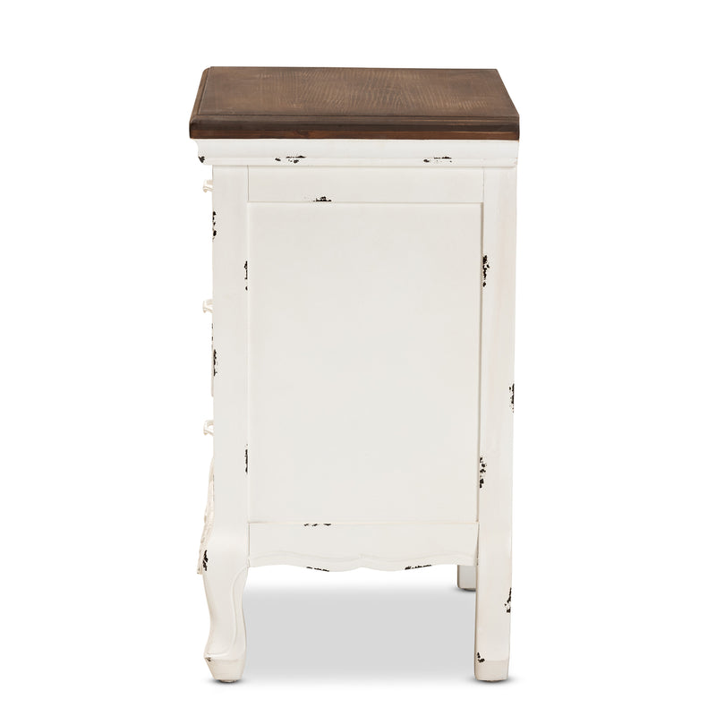 Levron End Table Classic Walnut Brown and Antique White Wood with 3 Drawers for Living Room or Bedroom Storage