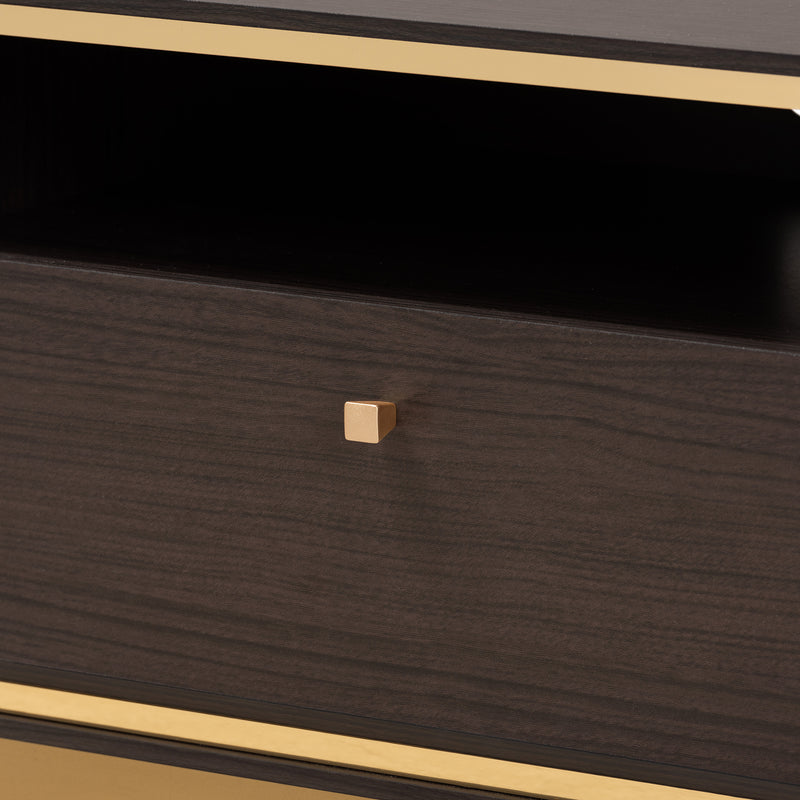 Cormac TV Stand Mid-Century Modern Transitional Dark Brown Finished Wood and Gold Metal 2-Door