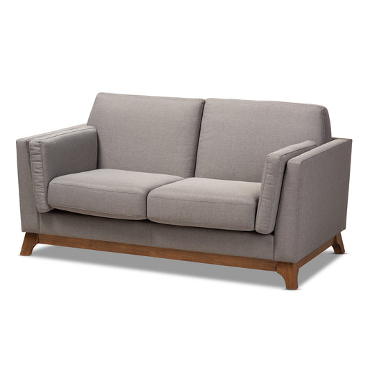 Sava Mid-Century Modern Loveseat Grey Fabric Upholstered 2-Seater with Walnut Wood Frame Stylish Comfortable Sofa for Living Room or Office