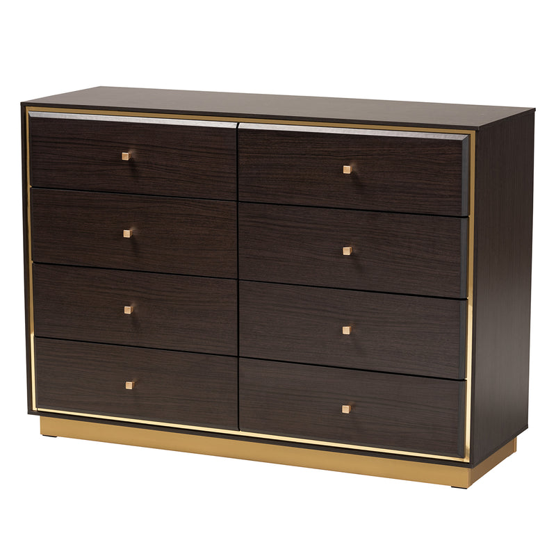 Arcelia Queen Size Bedroom Set Contemporary Glam 4-Piece Collection in Two-Tone Dark Brown and Gold Finished Wood with Stylish Storage Chest