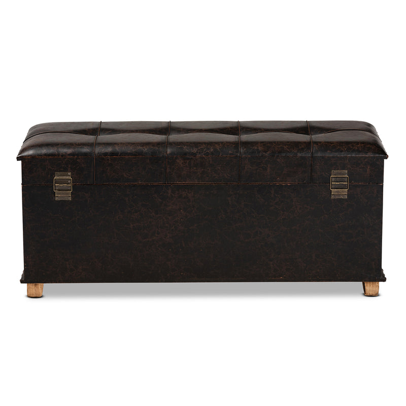 Janna Storage Ottoman Rustic Dark Brown Faux Leather Upholstered with Oak Finished Wood