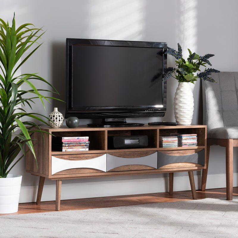 Leane TV Stand Modern Contemporary Design Natural Brown Finish Multi-Colored Wood 3 Drawers for Storage