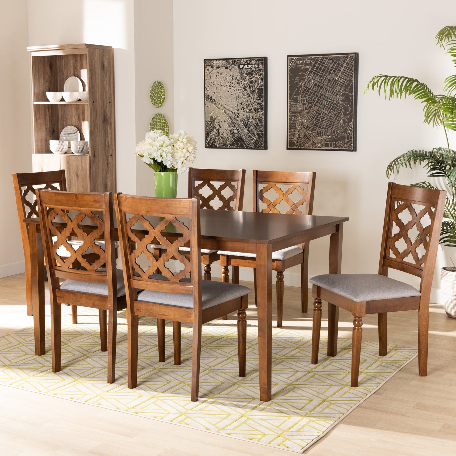 Ramiro Dining Set Modern Contemporary Grey Fabric Upholstered Walnut Brown Finished Wood 7-Piece