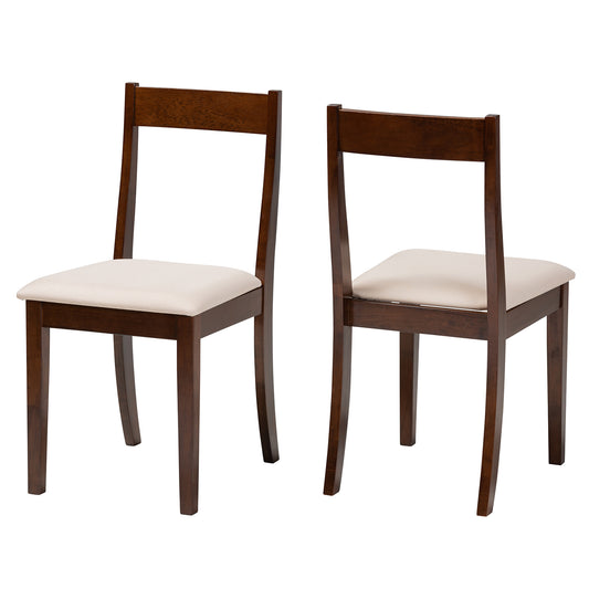 Carola Dining Chair Set Mid-Century Modern Cream Fabric and Dark Brown Finished Wood 2-Piece