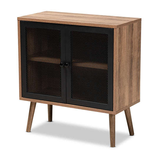 Yuna Storage Cabinet Mid-Century Modern Design in Natural Brown Wood and Black Metal with 2 Doors for Stylish Organization