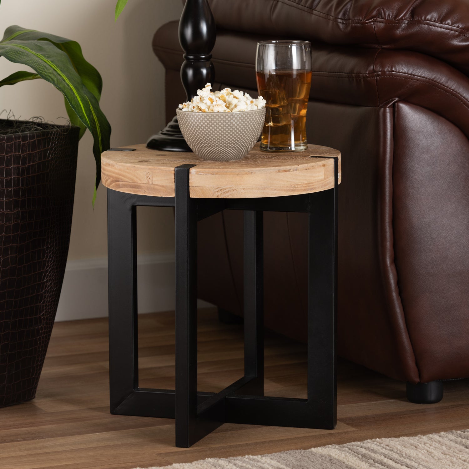 Horace End Table Rustic Industrial Design with Natural Brown Wood and Black Metal Accents