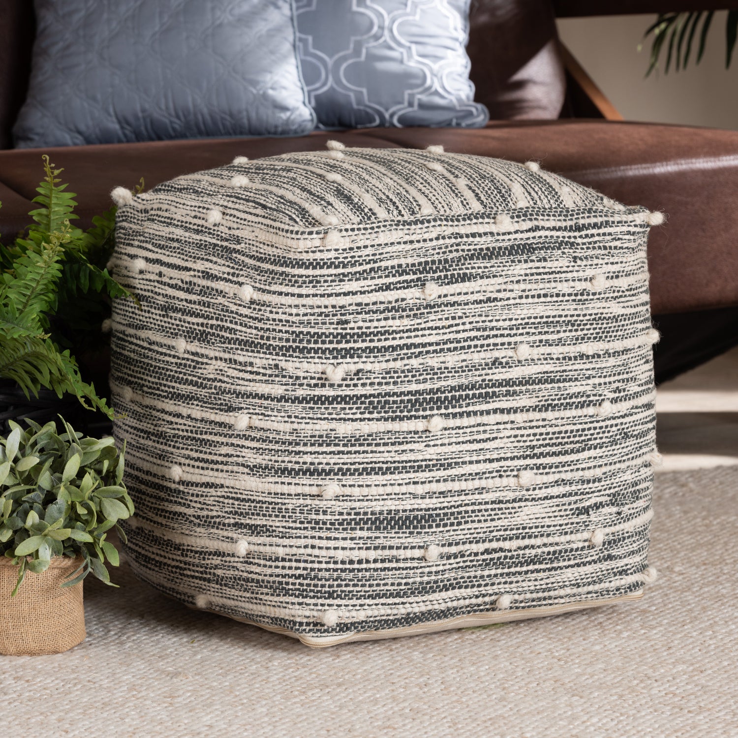 Macaco Pouf Ottoman - Modern Handwoven Cotton Blend in Dark Grey and Ivory, Moroccan Inspired Design for Chic Home Decor