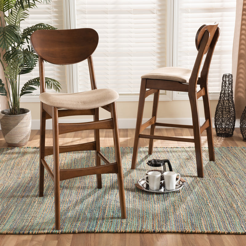 Katya Bar Stool Set Mid-Century Modern Grey Fabric Upholstered Walnut Brown Finished Wood 2-Piece