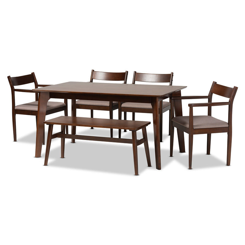 Coretta Dining Set Mid-Century Modern 6-Piece Collection in Warm Grey Fabric and Dark Brown Wood Finish