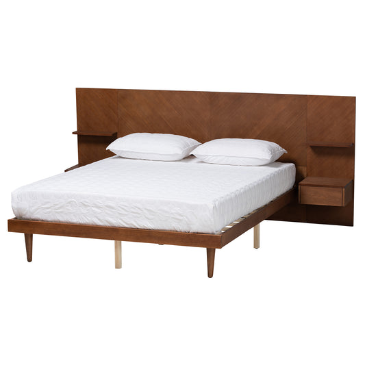 Graham Queen Size Platform Bed Mid-Century Modern Design in Ash Walnut Finish with Built-In Nightstands and Storage Solutions