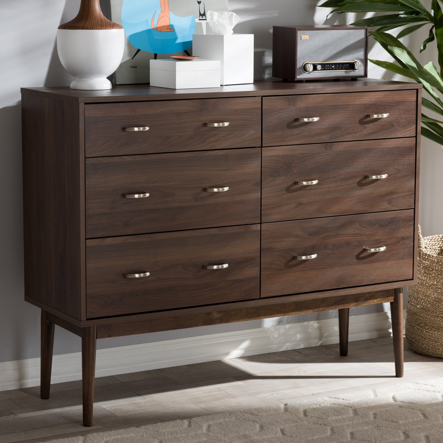 Disa Mid-Century Modern Dresser Walnut Brown 6-Drawer Storage Solution for Stylish Bedrooms