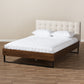 Mitchell Platform Bed - Rustic Industrial Walnut Wood with Beige Fabric and Dark Bronze Metal