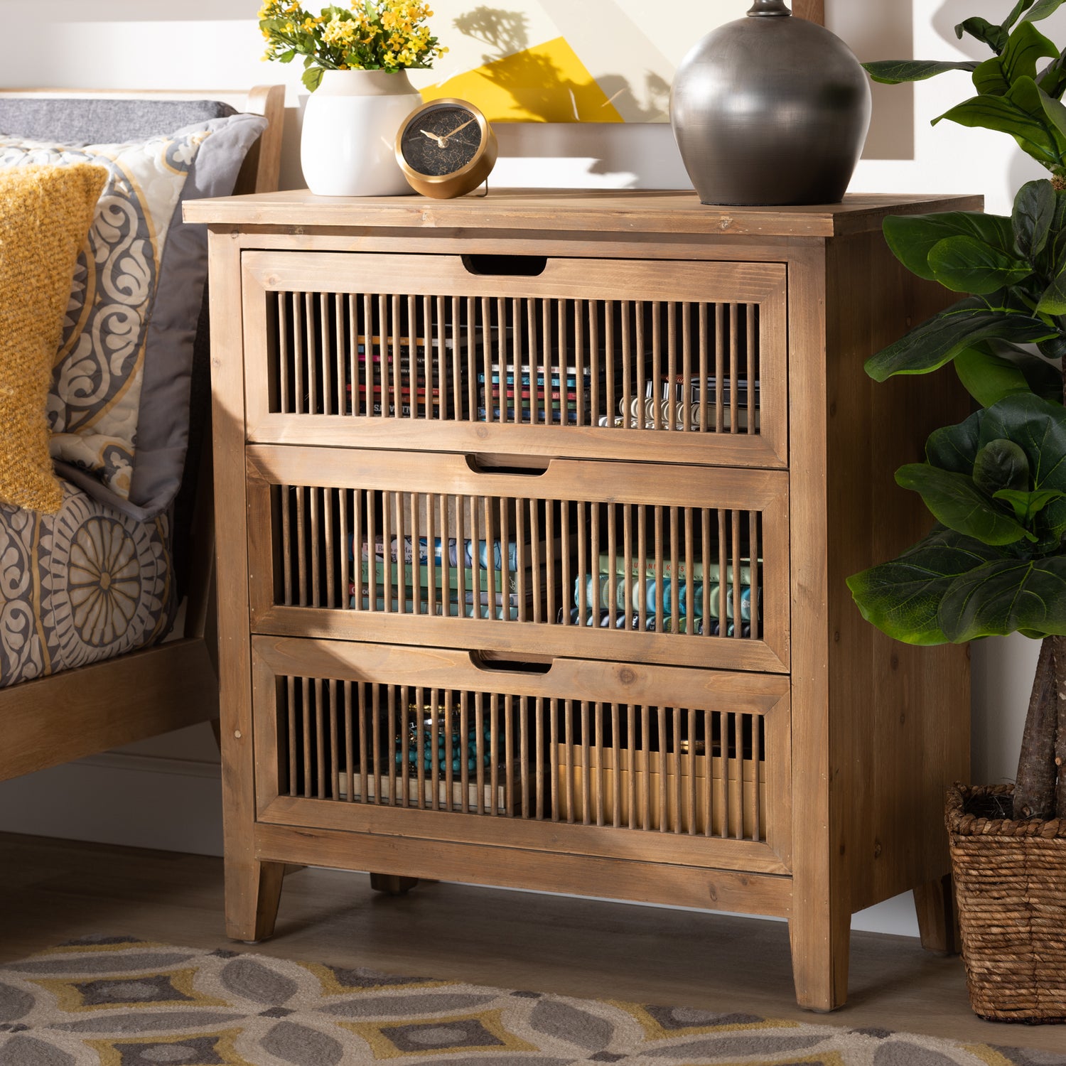 Clement Rustic Transitional 3-Drawer Wood Storage Cabinet in Medium Oak Finish for Stylish Home Organization