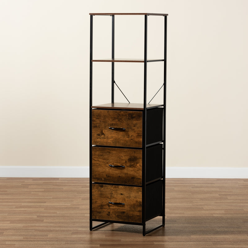 Hakan Modern Industrial 3-Drawer Storage Cabinet in Walnut Brown Wood and Black Metal for Stylish Organization