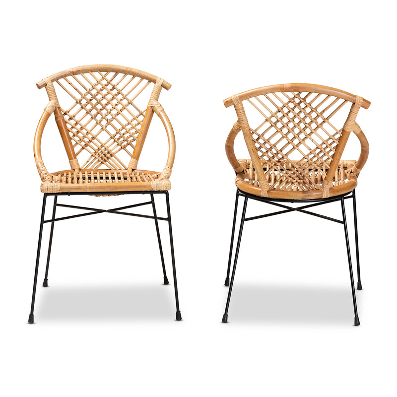 Pro Modern Bohemian Dining Chair Set 2-Piece Natural Brown Rattan and Black Metal Design for Chic Dining Spaces