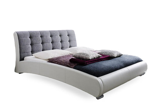 Guerin Queen-Size Platform Bed Contemporary Two-Tone Upholstered Grid Tufted Design in White Faux Leather and Grey Fabric