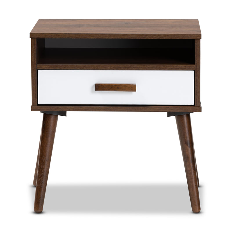 Quinn Mid-Century Modern End Table - Two-Tone White and Walnut Wood with 1 Drawer for Stylish Living Room Storage