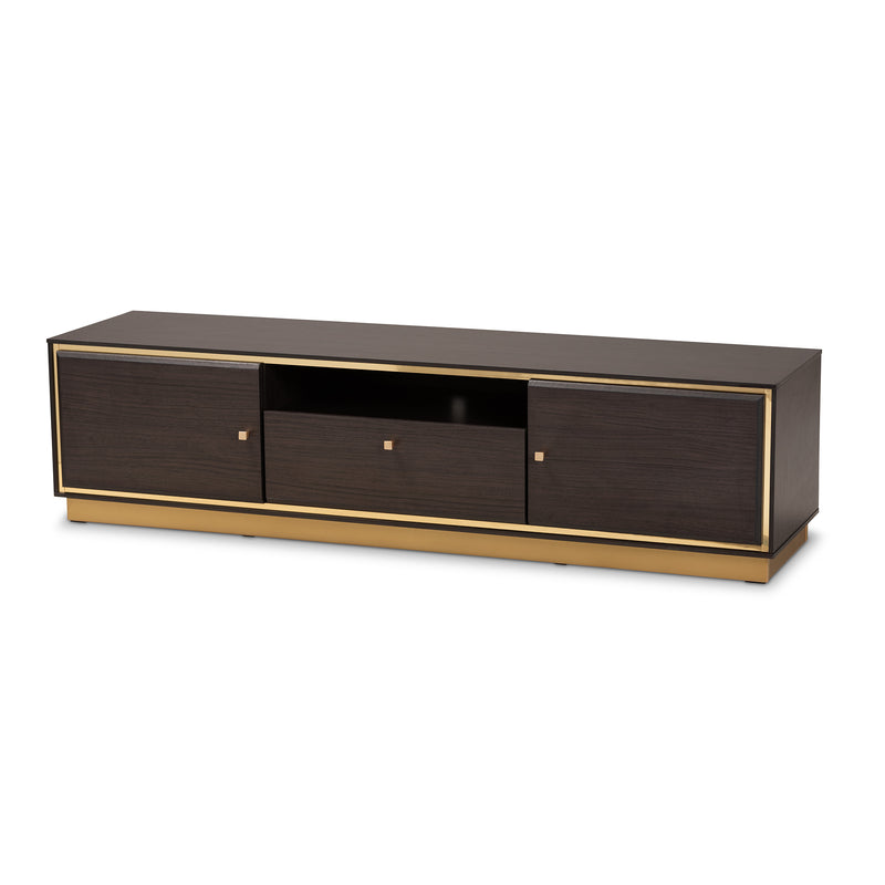 Cormac TV Stand Mid-Century Modern Transitional Dark Brown Finished Wood and Gold Metal 2-Door