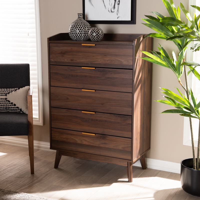 Lena Mid-Century Modern Chest - 5-Drawer Walnut Brown Wood Storage Unit for Bedroom or Living Room